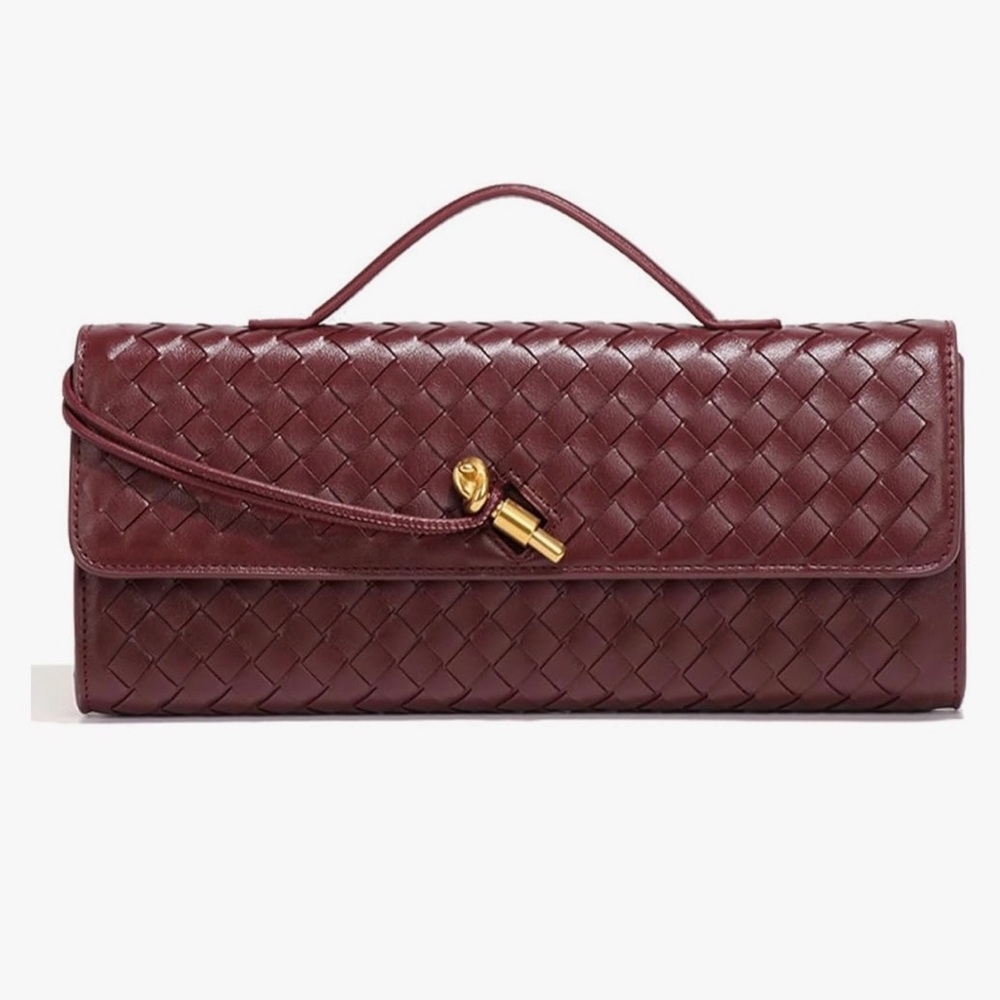 Amazon Woven Leather Top-Handle Clutch in Burgundy